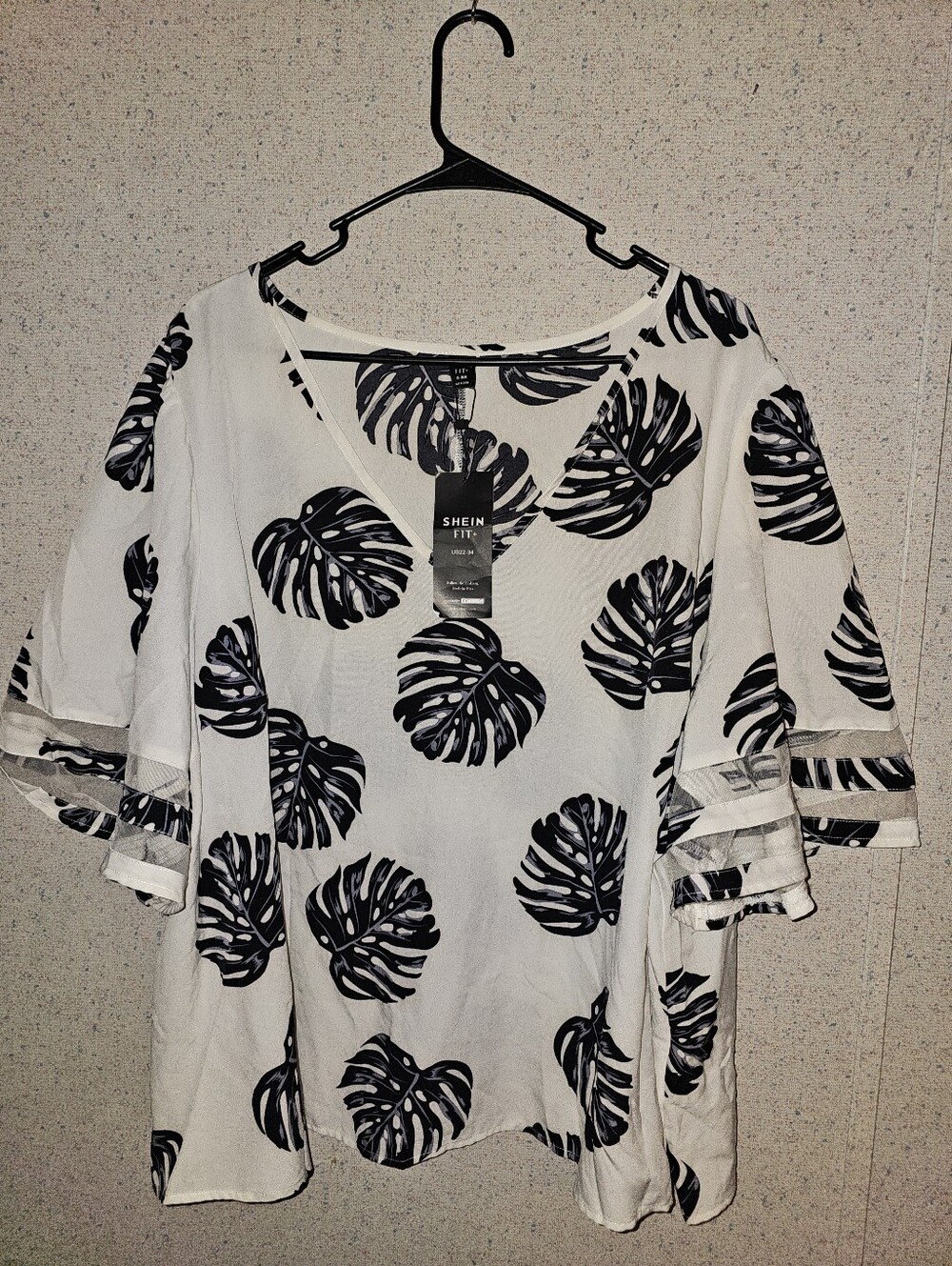 SHEIN White V-Neck Blouse with Black Leaf Print